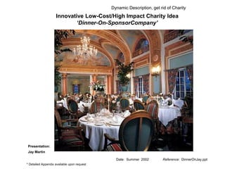 Date: Summer 2002 Reference: DinnerOnJay.ppt
Presentation:
Jay Martin
Innovative Low-Cost/High Impact Charity Idea
‘Dinner-On-SponsorCompany’
Dynamic Description, get rid of Charity
* Detailed Appendix available upon request
 