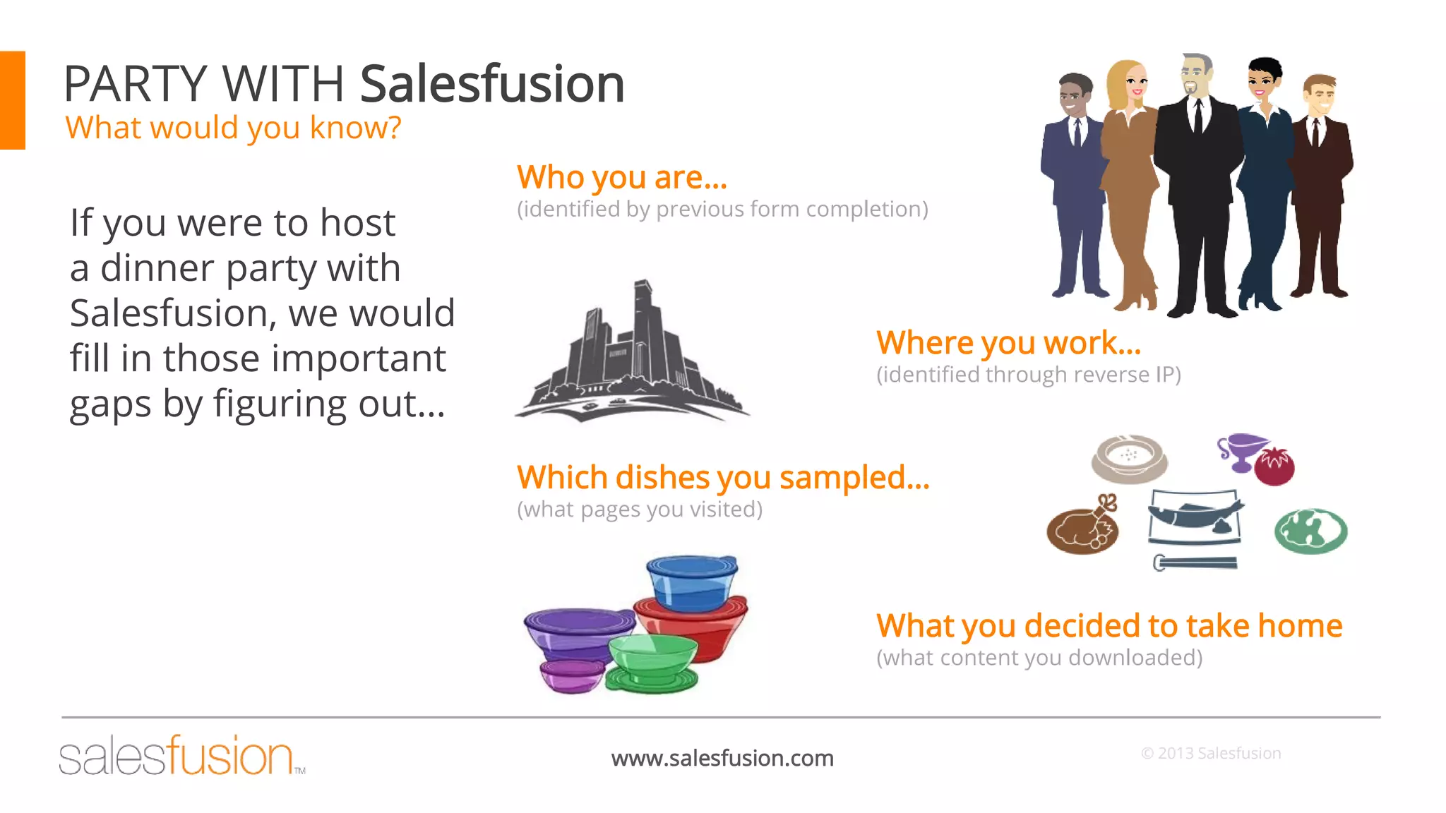 PARTY WITH Salesfusion
What would you know?

Who you are…

If you were to host
a dinner party with
Salesfusion, we would
fill in those important
gaps by figuring out…

(identified by previous form completion)

Where you work…

(identified through reverse IP)

Which dishes you sampled…
(what pages you visited)

What you decided to take home
(what content you downloaded)

www.salesfusion.com

© 2013 Salesfusion

 