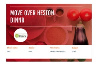 MOVE OVER HESTON:
DINNR
Client name
 Sector
 Timeframe
 Budget
Dinnr
 Food
 January – February 2013
 £6,000
 
