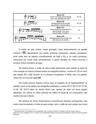 102 
Motivo 05: 
motivo cromático descendente 
com uma repetição de nota35 
19, 34 
Motivo 06: 
desdobramento de acorde 
ascendente e descendente 
23, 26 
Motivo 07: 
motivo diatônico ascendente e 
descendente, com uma 
aproximação cromática 
72 
Motivo 08: 
desdobramento de acorde com 
alternâncias de sentido 
74 
O violão de sete cordas, nessa gravação, inicia desenvolvendo um padrão 
motívico 9 descendente nos quatro primeiros compassos. Nesses compassos, 
suas notas alvo se alteram cromaticamente de Do# a SiB e, no sexto compasso, 
introduzida por outras duas semicolcheias, a quarta variação do motivo torna-se o 
primeiro motivo cromático da peça. 
Da mesma forma, o violão de sete cordas desenvolve outro padrão (a partir de 
uma variação do mesmo primeiro motivo do parágrafo anterior, o motivo 01.10) no início 
das seções C1 e C2, durante os 4 primeiros compassos; e ainda mais um padrão, 
motivo 05, no início da seção B2. 
Há muitos motivos fixados à forma (que se repetem ao se reapresentarem as 
seções), como os já citados nos parágrafos anteriores; o motivo 03; 01.06; 01.07; 01.08; 
01.09; 08; 04.03; além do motivo 06.03 que, apesar de estar em duas seções 
diferentes, em ambos os casos antecipa as voltas da seção A, em contraponto nota 
contra nota com a flauta. 
Na partitura de Cinco Companheiros encontram-se diversos contrapontos nota 
contra nota envolvendo o violão de sete cordas: com o violão de seis cordas nos inícios 
35 Melodicamente, este poderia ser considerado uma variação do motivo cromático mas, da forma como se 
desenvolve nos compassos 34 e 35, pode ser considerado também motivo que acompanha o desenvolvido na melodia 
principal. 
 