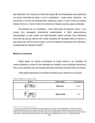 das seções A; com a flauta nos inícios das seções B, nas antecipações das seções A e 
em outros momentos da peça; e com o contrabaixo - muitas vezes, dobrando - em 
semínimas, e no final, em semicolcheias. Explica-se, assim, o maior número de motivos 
fixados à forma e o menor número de motivos em relação às outras peças analisadas. 
Na presença de um contrabaixo – outro instrumento de tessitura grave - e em 
arranjo com passagens previamente determinadas, é difícil desenvolver-se 
improvisações no sete cordas com total liberdade. Nesse contexto, Dino interpretou 
uma linha de poucos motivos com muitas variações (53 variações sobre 8 motivos), o 
que parece ser uma forma de compor uma linha melódica interessante sem dificultar a 
compreensão da melodia principal36. 
103 
Motivos na harmonia 
Nesta seção, os motivos comentados na seção anterior e as variações de 
motivos (listadas no anexo D) são estudados em relação a seus contextos harmônicos, 
isto é, ao(s) acorde(s) que são tocados pela base harmônica enquanto Dino os executa. 
Cada tabela representa um contexto harmônico que é descrito em seu título. 
Tabela 20: Motivos em um único acorde 
Motivo Observações Compassos 
Motivo 05 19, 34 
Motivo 06.04 112 
36 As músicas analisadas neste trabalho são interpretadas por Cartola, Jacob do Bandolim e Altamiro Carrilho, 
acompanhados por regionais, nos quais está Dino Sete Cordas. Há diversas melodias presentes (incluindo as do 
violão de sete cordas) em cada arranjo, que fazem parte do acompanhamento, junto aos instrumentos da base rítmica 
e harmônica. Cada melodia transcrita desses três intérpretes é considerada, neste texto, “melodia principal”. 
 