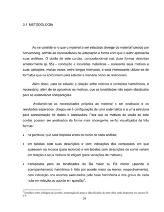 58 
3.1 METODOLOGIA 
Ao se considerar o que o material a ser estudado diverge do material tomado por 
Schoenberg, admite-se necessidades de adaptação à forma com que o autor apresenta 
suas análises. O violão de sete cordas, comportando-se nas duas formas descritas 
anteriormente (p. 55) – condução e incursões melódicas – apresenta seus motivos e 
suas variações, muitas vezes, entre longos intervalos, e será interessante utilizar-se de 
formatos que os aproximem para estudar a maneira como se relacionam. 
Além disso, para se estudar a relação entre motivos e contextos harmônicos, é 
necessário, além de se aproximar os motivos, que as tonalidades não sejam obstáculos 
para se estabelecer comparações. 
Avaliando-se as necessidades próprias ao material a ser analisado e os 
resultados esperados, chegou-se à configuração de uma sistemática e a uma estrutura 
para apresentação de dados e conclusões. Para que os motivos do violão de sete 
cordas possam ser analisados da forma mais abrangente, serão visualizados de três 
formas: 
• na partitura, que será disposta antes do início de cada análise; 
• em tabelas com suas descrições e com indicações dos compassos em que 
aparecem na música (para motivos) e em tabelas com descrições de como variam 
em relação a seus motivos de origem (para variações de motivos); 
• transpostos para as tonalidades de Dó maior ou Ré menor (quando o 
acompanhamento harmônico é feito por acorde maior ou menor, respectivamente), 
com indicação dos acordes executados pela base harmônica e dos graus de cada 
nota em relação ao acorde em questão6. 
6 Detalhes sobre cifragem de acordes, numeração de graus e classificação de intervalos estão dispostos nos anexos B 
e E. 
 