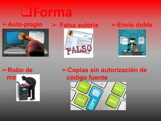 ❑Forma
➢Auto-plagio ➢ Falsa autoría ➢Envío doble
➢Robo de
material
➢Copias sin autorización de
código fuente
 