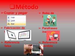❑Método
➢Copiar y pegar
➢ Parafraseo
inapropiado
➢ Referencia
perdida
➢ Referencia
falsa
➢ Fabricación de
datos
➢ Robo de
ideas
 