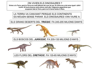 ON VIVIEN ELS DINOSAURES ? Vivien a la Terra, però la Terra era molt diferent de com és ara. El clima era a tot arreu igual: càlid i humit. Hi havia boscos amb arbres molt alts i falgueres gegantines que  ocupaven tota la Terra, però no hi havia herba ni flors. LA TERRA VA CANVIANT PERQUE ELS CONTINENTS ES MOUEN SENSE PARAR. ELS DINOSAURES VAN VIURE A: ELS GRANS DESERTS DEL  TRIÀSIC . FA 245-205 MILIONS DANYS ELS BOSCOS DEL  JURÀSSIC . FA 205-135 MILIONS D’ANYS  LES FLORS DEL  CRETÀCIC . FA 135-65 MILIONS D’ANYS 