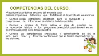 COMPETENCIAS DEL CURSO.
•Reconoce las prácticas sociales del lenguaje para
diseñar propuestas didácticas que fortalezcan el desarrollo de los alumnos
• Conoce utiliza estrategias didácticas para la búsqueda y
comprensión de información en distintos ámbitos sociales.
• Conoce y emplea de forma crítica el plan de estudios de
la educación básica y los programas de español para intervenir en los
diferentes aspectos de la tarea educativa
• Conoce las competencias lingüísticas y comunicativas de los n
iños para crear y favorecer contextos en que se facilite el aprendizaje de
los alumnos.
 