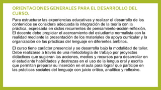 ORIENTACIONES GENERALES PARA EL DESARROLLO DEL
CURSO.
Para estructurar las experiencias educativas y realizar el desarrollo de los
contenidos se considera adecuada la integración de la teoría con la
práctica, expresada en ciclos recurrentes de pensamiento-acción-reflexión.
El docente debe propiciar el acercamiento del estudiante normalista con la
realidad mediante la presentación de los materiales de apoyo curricular y la
organización de las prácticas del lenguaje en diferentes ámbitos.
El curso tiene carácter presencial y se desarrolla bajo la modalidad de taller.
Debe realizarse a través de una metodología de trabajo por proyectos
didácticos que sugieran las acciones, medios y recursos para desarrollar en
el estudiante habilidades y destrezas en el uso de la lengua oral y escrita
que permitan preparar su inserción en el aula para lograr que participe en
las prácticas sociales del lenguaje con juicio crítico, analítico y reflexivo.
 