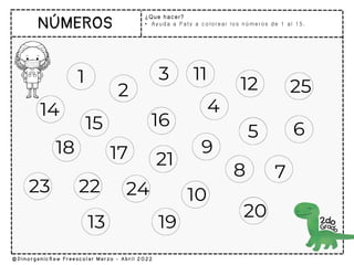 ¿Que hacer?
• Ayuda a Paty a colorear los números de 1 al 15.
 