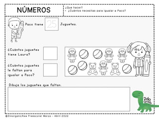 ¿Que hacer?
• ¿Cuántos necesitas para igualar a Paco?
Paco tiene
25 Juguetes.
¿Cuántos juguetes
tiene Laura?
¿Cuántos juguetes
le faltan para
igualar a Paco?
Dibuja los juguetes que faltan.
 