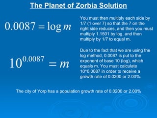 The Planet of Zorbia Solution You must then multiply each side by 1/7 (1 over 7) so that the 7 on the right side reduces, and then you must multiply 1.1501 by log, and then multiply by 1/7 to equal m. Due to the fact that we are using the log method, 0.0087 is put to the exponent of base 10 (log), which equals m. You must calculate 10^0.0087 in order to receive a growth rate of 0.0200 or 2.00%. The city of Yorp has a population growth rate of 0.0200 or 2.00% 