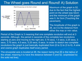 The Wheel goes Round and Round! A) Solution Period of the Graph is 3 meaning that one complete revolution will end at 3 seconds. Although, the period in seconds of the complete two revolutions starting at zero and moving to the right are, 0.75 secs, 1.5 secs, 2.25 secs, 3 secs, 3.75 secs, 4.5 secs, 5.25 secs, 6 secs. In order to sketch two complete revolutions the graph is just basically duplicated from (0 to 3) to (3 to 6). A sine and cosine graph duplicates itself every period.  The sinusoidal axis is located at 26, the reason being that 26 is the radius of the wheel, meaning it is have the distance between 0 and 52. (expressed by the solid red line).  (Seconds) (cm) Maximum of the graph is 52, due to the fact that the highest point on the wheel was 52cm and the minimum of the graph was 0, for 0cm (Touching the pavement). The Amplitude of this graph is 26, as it is the distance from either the max or min value. 