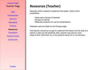 Resources (Teacher) [ Student Page ] Title Introduction Learners Standards Process Resources Credits Teacher Page Describe what's needed to implement this lesson. Some of the possibilities: Class sets of books (if desired) Access to internet Materials students can use for presentations Websites used are listed on the Process page One teacher should be enough to implement this lesson but the help of a parent or aide can be beneficial. Also, parents may want to come observe their child when he or she presents about his or her dinosaur. Evaluation Teacher Script Conclusion 