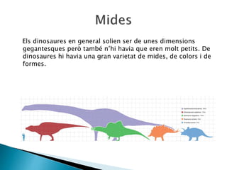 Els dinosaures en general solien ser de unes dimensions
gegantesques però també n’hi havia que eren molt petits. De
dinosaures hi havia una gran varietat de mides, de colors i de
formes.
 