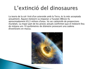 La teoria de la col·lisió d'un asteroide amb la Terra, és la més acceptada
actualment. Aquest meteorit va impactar a Yucatán (Mèxic) fa
aproximadament 65,5 milions d'anys. Va ser catàstrofe de proporcions
mundials. La major part de les proves actuals confirmen que el meteorit feia
de mitjana uns 10 quilòmetres de diàmetre provocant una cadena
d'extincions en massa.
 