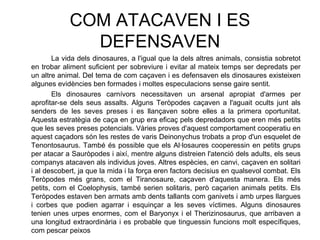 COM ATACAVEN I ES
DEFENSAVEN
La vida dels dinosaures, a l'igual que la dels altres animals, consistia sobretot
en trobar aliment suficient per sobreviure i evitar al mateix temps ser depredats per
un altre animal. Del tema de com caçaven i es defensaven els dinosaures existeixen
algunes evidències ben formades i moltes especulacions sense gaire sentit.
Els dinosaures carnívors necessitaven un arsenal apropiat d'armes per
aprofitar-se dels seus assalts. Alguns Teròpodes caçaven a l'aguait ocults junt als
senders de les seves preses i es llançaven sobre elles a la primera oportunitat.
Aquesta estratègia de caça en grup era eficaç pels depredadors que eren més petits
que les seves preses potencials. Vàries proves d'aquest comportament cooperatiu en
aquest caçadors són les restes de varis Deinonychus trobats a prop d'un esquelet de
Tenontosaurus. També és possible que els Al·losaures cooperessin en petits grups
per atacar a Sauròpodes i així, mentre alguns distreien l'atenció dels adults, els seus
companys atacaven als individus joves. Altres espècies, en canvi, caçaven en solitari
i al descobert, ja que la mida i la força eren factors decisius en qualsevol combat. Els
Teròpodes més grans, com el Tiranosaure, caçaven d'aquesta manera. Els més
petits, com el Coelophysis, també serien solitaris, però caçarien animals petits. Els
Teròpodes estaven ben armats amb dents tallants com ganivets i amb urpes llargues
i corbes que podien agarrar i esquinçar a les seves víctimes. Alguns dinosaures
tenien unes urpes enormes, com el Baryonyx i el Therizinosaurus, que arribaven a
una longitud extraordinària i es probable que tinguessin funcions molt específiques,
com pescar peixos
 