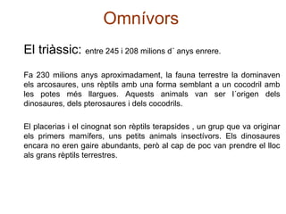Omnívors
El triàssic: entre 245 i 208 milions d´ anys enrere.
Fa 230 milions anys aproximadament, la fauna terrestre la dominaven
els arcosaures, uns rèptils amb una forma semblant a un cocodril amb
les potes més llargues. Aquests animals van ser l´origen dels
dinosaures, dels pterosaures i dels cocodrils.
El placerias i el cinognat son rèptils terapsides , un grup que va originar
els primers mamífers, uns petits animals insectívors. Els dinosaures
encara no eren gaire abundants, però al cap de poc van prendre el lloc
als grans rèptils terrestres.
 