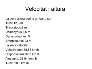 Velocitat i altura
La seva altura podria arribar a ser:
T-rex:12,3 m
Triceratops:9 m
Deinonyhus:3,5 m
Darasurdophus: 5 m
Brontosaurio: 23 m
La seva velocitat
Velociraptor: 38.88 km/h
Dibphosaurus:37.8 km /h
Alosaurio: 33.84 km / h
T-rex: 28.8 km /h
 
