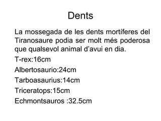 Dents
La mossegada de les dents mortíferes del
Tiranosaure podia ser molt més poderosa
que qualsevol animal d’avui en dia.
T-rex:16cm
Albertosaurio:24cm
Tarboasaurius:14cm
Triceratops:15cm
Echmontsauros :32.5cm
 
