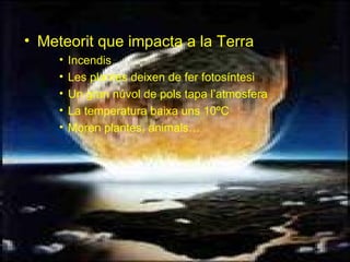 • Meteorit que impacta a la Terra
     •   Incendis
     •   Les plantes deixen de fer fotosíntesi
     •   Un gran núvol de pols tapa l’atmosfera
     •   La temperatura baixa uns 10ºC
     •   Moren plantes, animals…
 