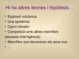 Hi ha altres teories i hipòtesis…
• Explosió volcànica
• Una epidèmia
• Canvi climàtic
• Competició amb altres mamífers
(escassa intel·ligència)
• Mamífers que devoraven els seus ous
• ...
 