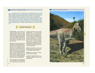 CARACTERES: Este “pequeño” tira-
nosaurio presenta todos los rasgos
característicos de la familia. Tenía una
estructura masiva, con cabeza grande
y tronco corto, equilibrado a la altura de
la pelvis por una larga y poderosa cola.
Las columnas de las patas, de tres
dedos cada una, sostenían el enorme
peso del cuerpo.
Albertosaurus y otros miembros de su
familia eran terópodos especializados.
Sus brazos eran minúsculos en com-
paración con el tamaño del cuerpo:
eran tan cortos que probablemente no
alcanzaban la boca. Sólo tenía dos
dedos en cada mano, que probable-
mente no eran eficaces para aferrar la
presa. Y aunque el animal podía abrir
ampliamente las mandíbulas, los hue-
sos del cráneo estaban rígidamente
fijados entre sí, sin la flexibilidad obser-
vada en el cráneo de los alosaurios.
Los tiranosaurios tenían una segunda
serie de costillas, bien desarrolladas,
en la parte ventral del cuerpo. Una
posible explicación para estas costillas
suplementarias y los cortos brazos
podría ser que los tiranosaurios se
echaban sobre el vientre para descan-
sar. La segunda serie de costillas con-
tribuiría a impedir que las entrañas
quedaran aplastadas por el enorme
peso del cuerpo. Cuando el animal se
ponía de pie, los brazos diminutos
impedían que la voluminosa estructura
se deslizara hacia adelante y le propor-
cionaban cierto apoyo hasta que asu-
mía la posición bípeda.
También se ha dicho que tal vez los
machos utilizaran los brazos para suje-
tar a la hembra durante la cópula.
TAMAÑO: Podía alcanzar un tamaño
de dos metros de longitud.
¿CUÁNDO Y DÓNDE VIVIÓ?: Vivió a
finales del Cretácico en América del
Norte (Alberta).
61
ALBERTOSAURUS
FAMILIA: TIRANOSÁURIDOS
L os más grandes carnívoros terrestres que han existido pertenecieron a esta fami -
lia de “lagartos tiranos”. Era un grupo pequeño y especializado, con menos de una
docena de géneros identificados hasta la fecha. Sin embargo, sus miembros han ins -
pirado la imagen popular de los dinosaurios carnívoros y de su comportamiento.
Se han encontrado restos de tiranosaurios en Asia y al oeste de Norteamérica. Como
grupo, vivieron poco, ya que hicieron su aparición hacia fines del Cretácico y desapa -
recieron cuando terminó este periodo, coincidiendo con la misteriosa extinción masiva
de todos los dinosaurios. Su existencia, que abarca menos de 15 millones de años,
puede considerarse apenas un “instante” desde el punto de vista de la evolución de la
vida.
62
FAMILIA: TIRANOSÁURIDOS
 