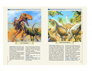 CARACTERES: Beipiaosaurus fue un
curioso dinosaurio bípedo que tenía
una cabeza muy pequeña, parecida a la
de los pájaros, así como un largo pes-
cuezo unido a un cuerpo redondeado y
unas robustas patas. Estaba cubierto
de un denso pelaje, con excepción del
vientre, que estaba cubierto por grue-
sas escamas redondeadas, y las patas
traseras. Sus garras, de tres dedos,
estaban provistas de enormes pezuñas.
Beipaiaurus perteneció a un grupo de
terópodos muy evolucionados, llama-
dos terizinosaurios. Algunos paleontólo-
gos estiman que las patas traseras, pro-
vistas de cuatro dedos, característica
de esta especie, proviene de la pata de
tres dedos de un ancestro terópodo.
Machos y hembras eran iguales, tanto
en tamaño como en colorido.
Vivían en bosques espesos, donde se
alimentaban de carroña, hongos, insec-
tos y otros invertebrados que extraían
de las cortezas e los árboles.
TAMAÑO: Podía alcanzar un tamaño
de entre 2 y 4 metros de longitud.
¿CUÁNDO Y DÓNDE VIVIÓ?: Vivió
durante todo el Cretácico en China.
BEIPIAOSAURU S
FAMILIA: TERIZINOSAURIOS
CARACTERES: Eotyrannus se carac-
terizaba por tener una enorme cabeza,
provista de unas mandíbulas despro-
porcionadas con su aspecto alargado y
no muy corpulento.
Fue uno de los miembros más antiguos
del grupo del que surgieron posterior-
mente dinosaurios gigantes como el
Tyranosaurus o Tarbosaurus.
Fue in inteligente depredador que for-
maba grupos que perseguían a otros
dinosaurios ornitópodos como iguano-
don.
Tenía un anidada anual provista de 5 ó
6 huevos. Los pequeños, que tenían
un grueso plumaje, se criaban juntos y
permanecían unidos en manadas
hasta que se apareaban.
A excepción de los ejemplares muy
viejos, todos los demás conservaban
su plumaje.
TAMAÑO: Medía entre 1,6 y 2,4
metros de longitud.
¿CUÁNDO Y DÓNDE VIVIÓ?: Vivió
desde principios del Cretácico en el
norte de Europa.
71
EOTYRANUS
FAMILIA: TIRANOSÁURIDOS
72
 