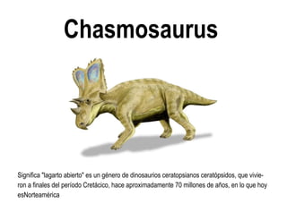 Chasmosaurus 
Significa "lagarto abierto" es un género de dinosaurios ceratopsianos ceratópsidos, que vivie- ron a finales del período Cretácico, hace aproximadamente 70 millones de años, en lo que hoy esNorteamérica  
