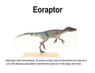 Eoraptor 
Significado: ladrón del amanecer . El nombre se debe a que fue descubierto en el valle de la Luna. Este dinosaurio descubierto recientemente puede ser el más antiguo del mundo.  
