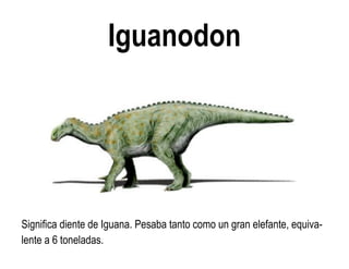 Iguanodon 
Significa diente de Iguana. Pesaba tanto como un gran elefante, equiva- lente a 6 toneladas.  