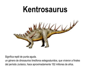 Kentrosaurus 
Significa reptil de punta aguda. un género de dinosaurios tireóforos estegosáuridos, que vivieron a finales del período Jurásico, hace aproximadamente 152 millones de años.  