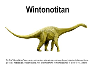 Wintonotitan 
Significa “titán de Winton” es un género representado por una única especie de dinosaurio saurópodotitanosauriforme, que vivió a mediados del período Cretácico, hace aproximadamente 98 millones de años, en lo que es hoy Australia.  