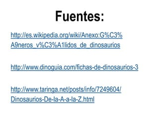 Fuentes: 
http://es.wikipedia.org/wiki/Anexo:G%C3% A9neros_v%C3%A1lidos_de_dinosaurios 
http://www.dinoguia.com/fichas-de-dinosaurios-3 
http://www.taringa.net/posts/info/7249604/ Dinosaurios-De-la-A-a-la-Z.html 