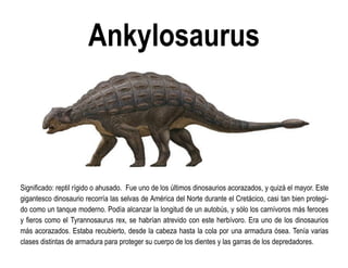 Ankylosaurus 
Significado: reptil rígido o ahusado. Fue uno de los últimos dinosaurios acorazados, y quizá el mayor. Este gigantesco dinosaurio recorría las selvas de América del Norte durante el Cretácico, casi tan bien protegi- do como un tanque moderno. Podía alcanzar la longitud de un autobús, y sólo los carnívoros más feroces y fieros como el Tyrannosaurus rex, se habrían atrevido con este herbívoro. Era uno de los dinosaurios más acorazados. Estaba recubierto, desde la cabeza hasta la cola por una armadura ósea. Tenía varias clases distintas de armadura para proteger su cuerpo de los dientes y las garras de los depredadores.  