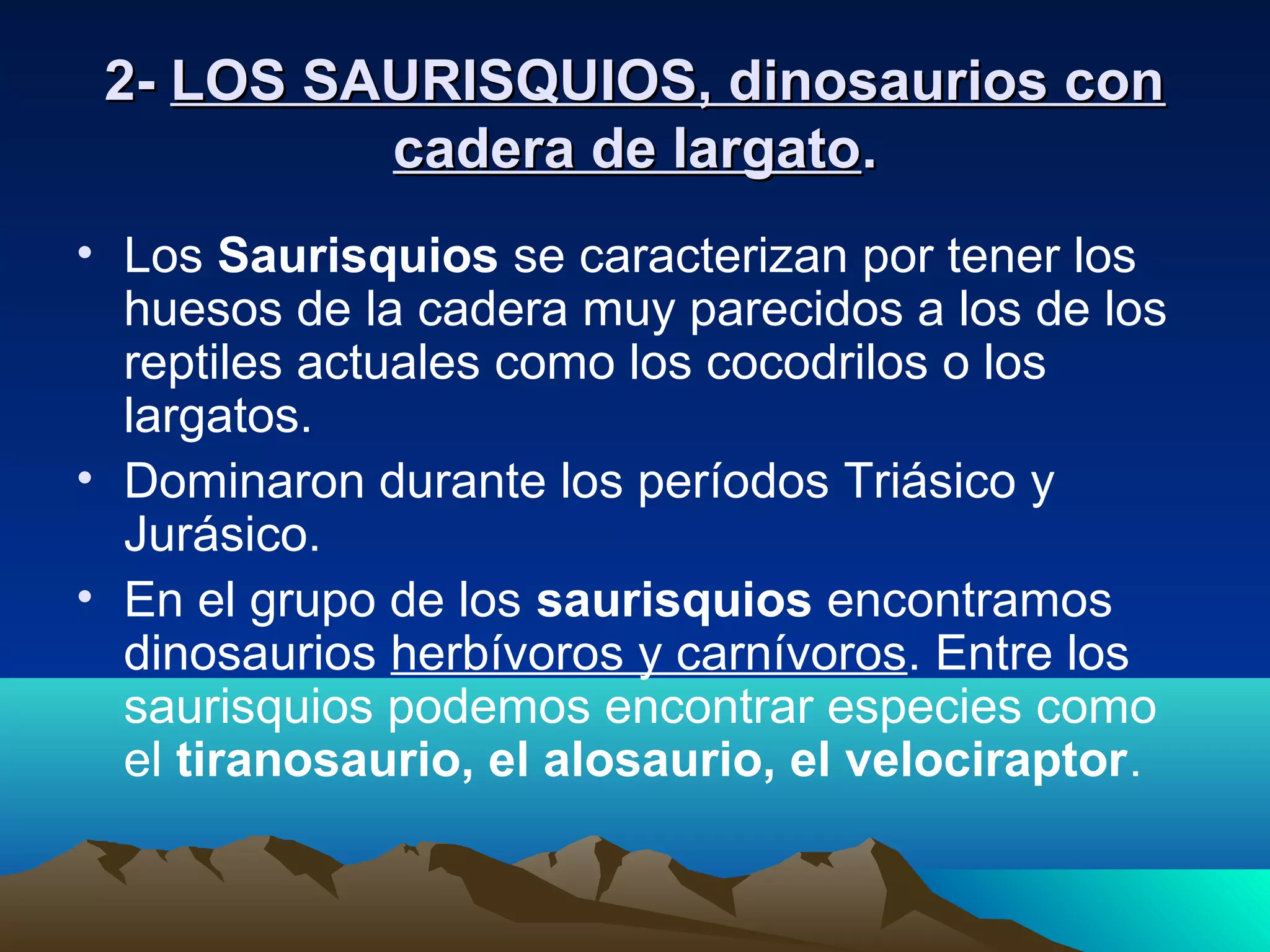2-2- LOS SAURISQUIOS, dinosaurios conLOS SAURISQUIOS, dinosaurios con
cadera de largatocadera de largato..
• Los Saurisquios se caracterizan por tener los
huesos de la cadera muy parecidos a los de los
reptiles actuales como los cocodrilos o los
largatos.
• Dominaron durante los períodos Triásico y
Jurásico.
• En el grupo de los saurisquios encontramos
dinosaurios herbívoros y carnívoros. Entre los
saurisquios podemos encontrar especies como
el tiranosaurio, el alosaurio, el velociraptor.
 