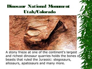 Dinosaur National Monument
Utah/Colorado

A stony frieze at one of the continent’s largest
and richest dinosaur quarries holds the bones of
beasts that ruled the Jurassic: stegosaurs,
allosaurs, apatosaurs and many more.

 