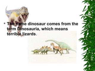 

The name dinosaur comes from the
term Dinosauria, which means
terrible lizards.

 