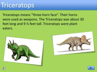 Triceratops
Triceratops means “three-horn face”. Their horns
were used as weapons. The Triceratops was about 30
feet long and 9 ½ feet tall. Triceratops were plant
eaters.
 