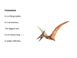 PTERANDON
It is a flying reptile.
It is carnivorous.
The biggest one.
It is 6 metres long ----.
It weighs 100 kilos.
 