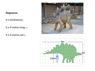 Stegsaurus
It is herbivorous.
It is 9 metres long---.
It is 4 metres tall |.
 