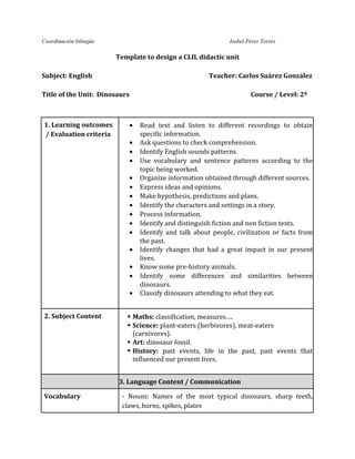 Coordinación bilingüe Isabel Pérez Torres 
Template to design a CLIL didactic unit 
Subject: English Teacher: Carlos Suárez González 
Title of the Unit: Dinosaurs Course / Level: 2º 
1. Learning outcomes 
/ Evaluation criteria 
· Read text and listen to different recordings to obtain 
specific information. 
· Ask questions to check comprehension. 
· Identify English sounds patterns. 
· Use vocabulary and sentence patterns according to the 
topic being worked. 
· Organize information obtained through different sources. 
· Express ideas and opinions. 
· Make hypothesis, predictions and plans. 
· Identify the characters and settings in a story. 
· Process information. 
· Identify and distinguish fiction and non fiction texts. 
· Identify and talk about people, civilization or facts from 
the past. 
· Identify changes that had a great impact in our present 
lives. 
· Know some pre-history animals. 
· Identify some differences and similarities between 
dinosaurs. 
· Classify dinosaurs attending to what they eat. 
2. Subject Content  Maths: classification, measures…. 
 Science: plant-eaters (herbivores), meat-eaters 
(carnivores). 
 Art: dinosaur fossil. 
 History: past events, life in the past, past events that 
influenced our present lives. 
3. Language Content / Communication 
Vocabulary 
- Nouns: Names of the most typical dinosaurs, sharp teeth, 
claws, horns, spikes, plates 
 