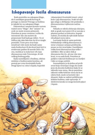 Kada pomislite na zakopano blago,
da li zamišljate gusarski kovčeg ili
potragu za zlatom? Potraga za fosilima
je takođe lov na zakopano blago.
Paleontolozi i amateri krstare svetom
tražeći novo “blago”. Reč “amater” se
ovde ne može stvarno primeniti.
Potrebno je puno vremena i vežbe da
istrenirate oko (da možete da
prepoznate fosil kada ga vidite). To ni
izbliza nije tako lako kao što bi se moglo
pomisliti. Često prva stvar koju
istraživači vide može da bude samo
mala fosilna kost ili deo kosti koji štrči iz
erodovane padine ili morske litice. Ko
zna, možda je ta mala kost vrh repa
dinosaurusa roda Triceratops, ili rub
velikog fosilnog polja.
Kada razmišljamo o fosilima, obično
mislimo o fosilizovanim kostima, ali
postoji pet vrsta životinjskih fosila.
Drugi tipovi su: otisci stopala, koproliti
(okamenjeni životinjski izmet), otisci
kože i jaja dinosaurusa. Svaki od njih
igra ulogu u dobijanju više podataka o
dinosaurusima i njihovom načinu
života.
Nekada se otkrića dešavaju slučajno,
dok se grade novi putevi ili se usecaju u
planinu prolazi za železnicu, kopaju
rudnici, ili možda do njih dođe farmer
obrađujući novu njivu.
Lociranje fosila je samo početak.
Oslobađanje velikog dinosaurusa iz
stene u kojoj je zatrpan predstavlja
posao za tim stručnjaka. Zamišljamo
velike kosti dinosaurusa kao teške i
izdržljive. Bile su takve dok je
dinosaurus bio živ, ali one više nisu
kosti, to su sada fosili. Potrebno je
pažljivo rukovati fosilima jer su osetljivi
i lako se mogu uništiti.
Iznenađujuće je da jedna od prvih
stvari koju stručnjaci mogu da urade
jeste da dovedu buldožere kako bi se
uklonile tone stena. Ako je potrebno
ukloniti velike količine stena da bi se
otkrio fosil, može se koristiti čak i
dinamit. Kako se radnici približavaju
krhkim fosilima, rade opreznije. U
sledećem koraku se mogu koristiti pijuci
i lopate.
Iskopavanje fosila dinosaurusa
10
 