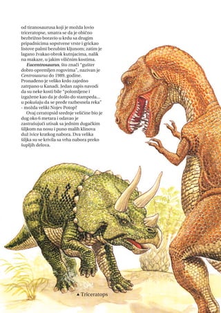 od tiranosaurusa koji je možda lovio
triceratopse, smatra se da je obično
bezbrižno boravio u krdu sa drugim
pripadnicima sopstvene vrste i grickao
listove palmi bezubim kljunom; zatim je
lagano žvakao obrok kutnjacima, nalik
na makaze, u jakim viličnim kostima.
Eucentrosaurus, što znači “gušter
dobro opremljen rogovima”, nazivan je
Centrosaurus do 1989. godine.
Pronađeno je veliko krdo zajedno
zatrpano u Kanadi. Jedan zapis navodi
da su neke kosti bile “polomljene i
izgažene kao da je došlo do stampeda...
u pokušaju da se pređe razbesnela reka”
- možda veliki Nojev Potop?
Ovaj ceratopsid srednje veličine bio je
dug oko 6 metara i odavao je
zastrašujući utisak sa jednim dugačkim
šiljkom na nosu i puno malih klinova
duž ivice kratkog nabora. Dva velika
šiljka su se krivila sa vrha nabora preko
šupljih delova.
29
p Triceratops
 