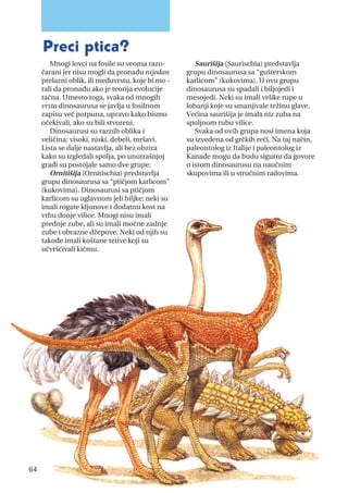 Preci ptica?
Mnogi lovci na fosile su veoma razo-
čarani jer nisu mogli da pronađu nijedan
prelazni oblik, ili međuvrstu, koje bi mo -
rali da pronađu ako je teorija evolucije
tačna. Umesto toga, svaka od mnogih
vrsta dinosaurusa se javlja u fosilnom
zapisu već potpuna, upravo kako bismo
očekivali, ako su bili stvoreni.
Dinosaurusi su raznih oblika i
veličina: visoki, niski, debeli, mršavi.
Lista se dalje nastavlja, ali bez obzira
kako su izgledali spolja, po unutrašnjoj
građi su postojale samo dve grupe:
Ornitišija (Ornitischia) predstavlja
grupu dinosaurusa sa “ptičjom karlicom”
(kukovima). Dinosaurusi sa ptičjom
karlicom su uglavnom jeli biljke; neki su
imali rogate kljunove i dodatnu kost na
vrhu donje vilice. Mnogi nisu imali
prednje zube, ali su imali moćne zadnje
zube i obrazne džepove. Neki od njih su
takođe imali koštane tetive koji su
učvršćivali kičmu.
Saurišija (Saurischia) predstavlja
grupu dinosaurusa sa “gušterskom
karlicom” (kukovima). U ovu grupu
dinosaurusa su spadali i biljojedi i
mesojedi. Neki su imali velike rupe u
lobanji koje su smanjivale težinu glave.
Većina saurišija je imala niz zuba na
spoljnom rubu vilice.
Svaka od ovih grupa nosi imena koja
su izvedena od grčkih reči. Na taj način,
paleontolog iz Italije i paleontolog iz
Kanade mogu da budu sigurni da govore
o istom dinosaurusu na naučnim
skupovima ili u stručnim radovima.
64
 