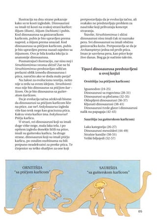 Ilustracija na dnu strane pokazuje
kako su te kosti izgledale. Dinosaurusi
su imali tri kosti na svakoj strani karlice:
ilijum (ilium), išijum (ischium) i pubis.
Kod dinosaurusa sa gmizavačkom
karlicom, pubis je bio upravljen prema
napred, a išijum prema unazad. Kod
dinosaurusa sa ptičjom karlicom, pubis
je bio upravljen prema nazad zajedno sa
išijumom. Ovo je bila kratka lekcija iz
anatomije dinosaurusa.
Posmatrajući ilustraciju, zar nisu noj i
Struthiomimus veoma slični? Zar ne bi
Struthiomimus predstavljao odličan
prelazni oblik između dinosaurusa i
ptica, naročito ako se doda malo perja?
Na žalost za evolucionu teoriju, nešto
nije u redu sa ovom idejom. Struthiomi-
mus nije bio dinosaurus sa ptičjom kar -
licom. On je bio dinosaurus sa gušter-
skom karlicom.
Da je evolucija tačna očekivali bismo
da dinosaurusi sa ptičjom karlicom liče
na ptice, zar ne? Ankylosaurus izgleda
više kao tenk nego kao graciozna ptica.
Kakvu vrstu karlice ima Ankylosurus?
Ptičju karlicu.
U stvari, svi dinosaurusi koji su imali
duge vitke noge, mala laka tela, i po
opštem izgledu donekle ličili na ptice,
imali su guštersku karlicu. Sa druge
strane, dinosaurusi koji su imali ptičju
karlicu, po ostalim osobinama su bili
potpuno neadekvatni za pretke ptica. Te
činjenice su teško shatljive za one koji
pretpostavljaju da je evolucija tačna, ali
svakako ne predstavljaju problem za
naučnike koji prihvataju koncept
stvaranja.
Štaviše, Struthiomimus i slični
dinosaurusi nisu imali čak ni naznake
pera. Svi dinosaurusi su imali običnu
gmizavačku kožu. Pretpostavlja se da je
Archaeopteryx jedna od prvih ptica.
Imao je savršena pera, kao ptice koje
žive danas. Bog ga je načinio takvim.
Tipovi dinosaurusa predstavljeni
u ovoj knjizi
Ornitišija (sa ptičjom karlicom)
Iguanodon (24-25)
Dinosaurusi sa rogovima (28-31)
Dinosaurusi sa pločama (32-35)
Oklopljeni dinosaurusi (36-37)
Kljunati dinosaurusi (38-41)
Dinosaurusi tvrde glave i dinosaurusi
nalik na papagaja (42-43)
Saurišija (sa gušterskom karlicom)
Laka kategorija (26-27)
Dinosaurusi mesožderi (44-49)
Strašne kandže (50-51)
Veliki biljojedi (52-57)
65
ORNITIŠIJA
“sa ptičjom karlicom”
SAURIŠIJA
“sa gušterskom karlicom”
 