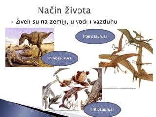  Živeli su na zemlji, u vodi i vazduhu
Dinosaurusi
Ihtiosaurusi
Pterosaurusi
 