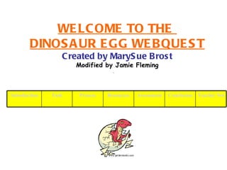 WE LC OME TO THE
        DINOS A UR E GG WE B QUE S T
                  C reated by MaryS ue Bros t
                      Modified by Jamie Fleming
                                    




Introduction   Task    Process   Resources   Assessment   Conclusion   Teacher Notes
 