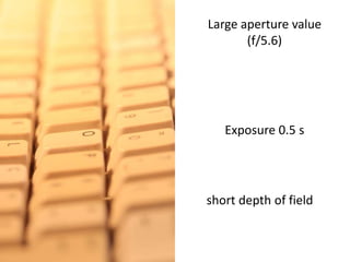 Large aperture value (f/5.6)Exposure 0.5 sshort depthoffield