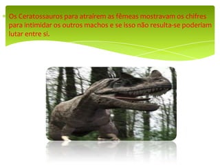 Os Ceratossauros para atraírem as fêmeas mostravam os chifres para intimidar os outros machos e se isso não resulta-se poderiam lutar entre si.