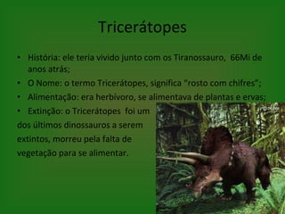 Tricerátopes História: ele teria vivido junto com os Tiranossauro,  66Mi de anos atrás; O Nome: o termo Tricerátopes, significa “rosto com chifres”; Alimentação: era herbívoro, se alimentava de plantas e ervas; Extinção: o Tricerátopes  foi um  dos últimos dinossauros a serem  extintos, morreu pela falta de  vegetação para se alimentar. 