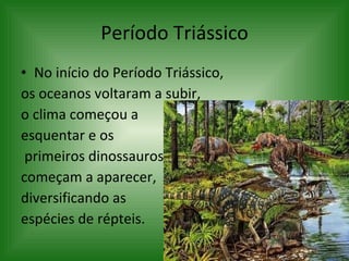Período Triássico No início do Período Triássico,  os oceanos voltaram a subir,  o clima começou a  esquentar e os primeiros dinossauros  começam a aparecer,  diversificando as  espécies de répteis.  